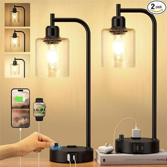 Set of 2 industrial dimmable table lamps with usb ports outlet for bedroom - Picture 7 of 7